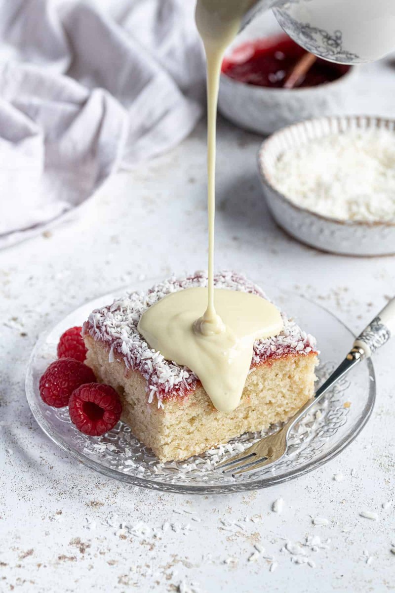 vegan jam and coconut sponge